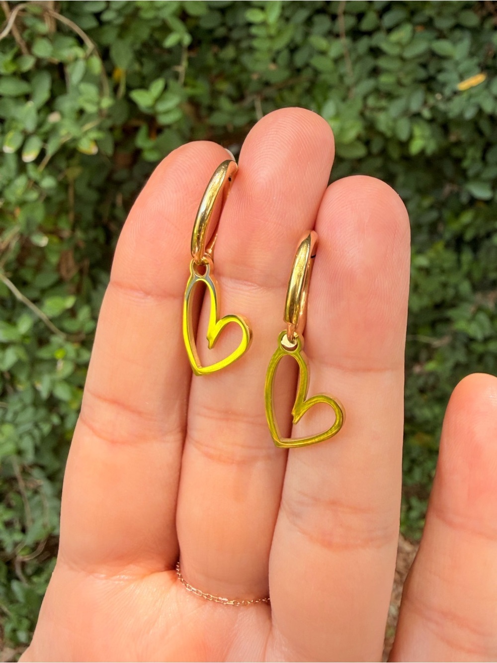 Gold Heart Hoop Drop Earrings - Stainless Steel - Picture 8 of 8